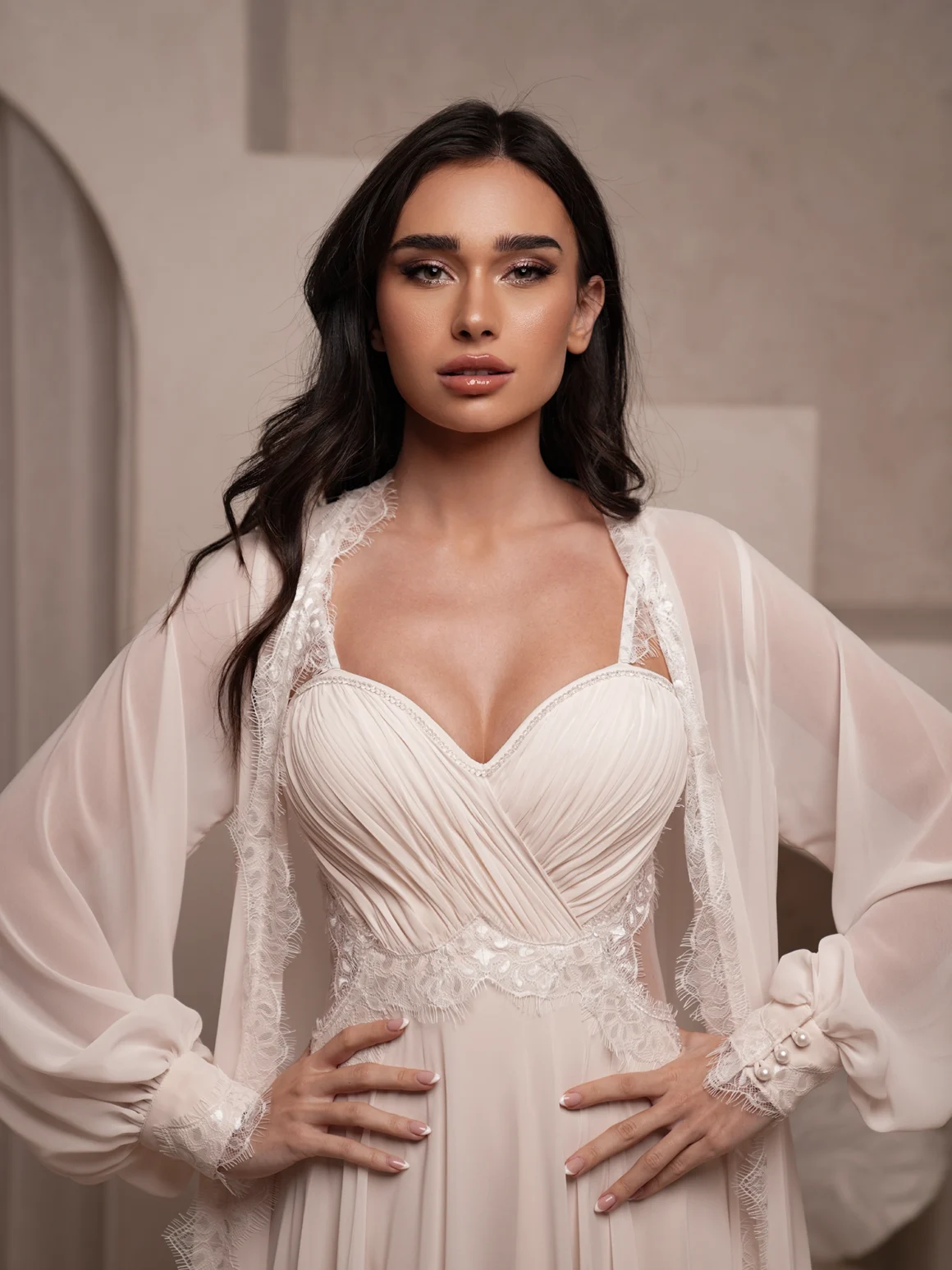 Model wearing a ivory chiffon wedding gown with sweetheart neckline, lace trim, pleated bodice, and sheer long sleeves with pearl cuffs
